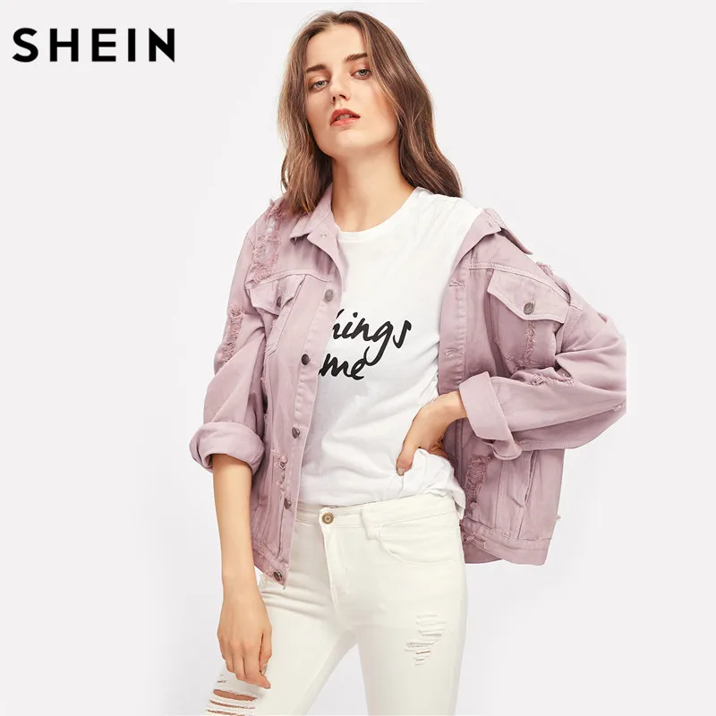 SHEIN Модная Джинсовая Куртка Женская Весенняя Розовая Повседневная Куртка С Длинными Рукавами