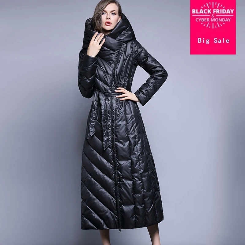 

XS-7XL Plus size 90% duck down coat fashion brand hooded long down jacket women's over the knee Slim thicker warm coat wj1304