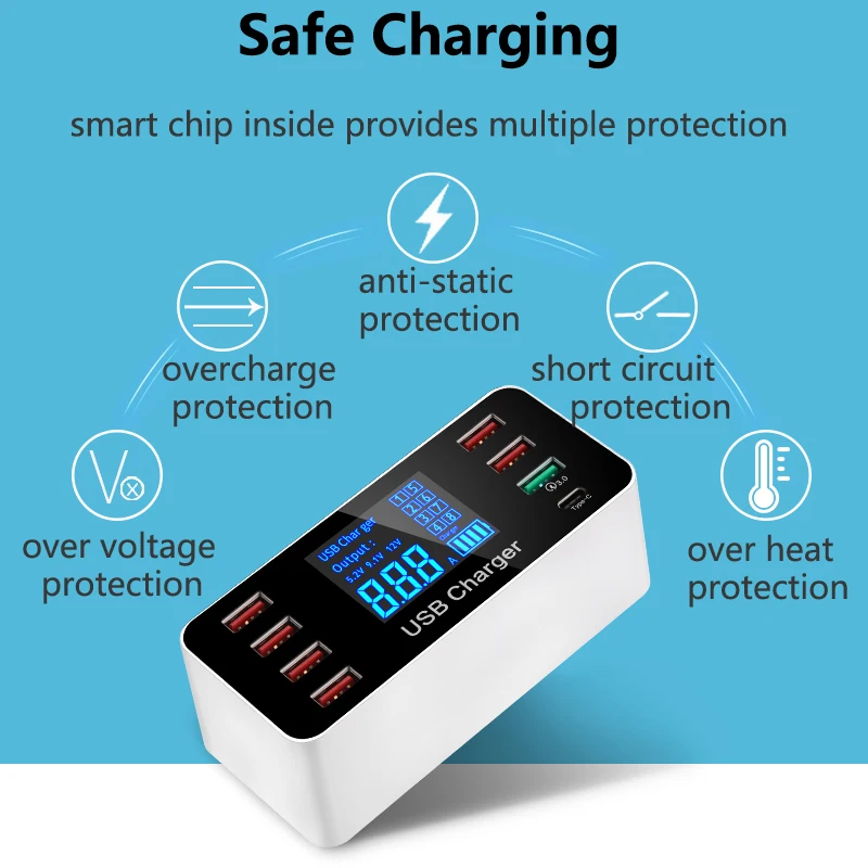 Многопортовое зарядное устройство USB с жк экраном быстрая зарядка QC 3 0 зарядный