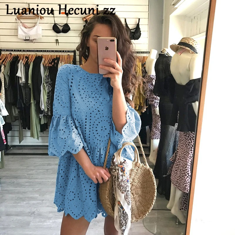 Женское кружевное платье Chu Ni белое хлопковое с вышивкой и рюшами на рукавах