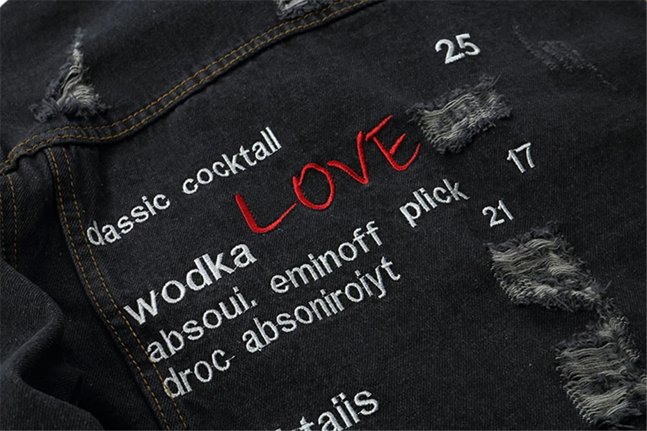 Hip Hop Denim Jackets Men Harajuku Letter Print Jeans Jacket Coat Mens Hole Destroyed Jeans Jackets Streetwear Black WG352