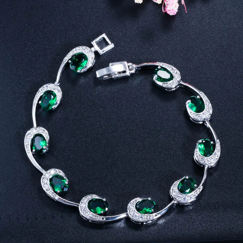 green CWWZircons Блестящий Овальный ярко-красный кубический цирконий камни элегантные женские теннисные браслеты Высокое качество женские ручной ювелирные изделия CB055 - Окраска металла: green