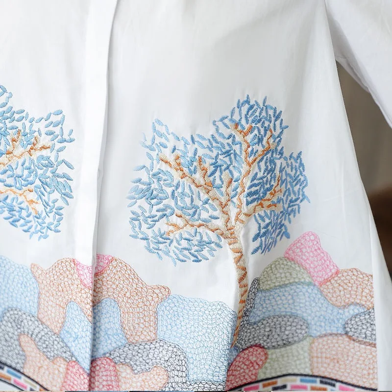 Блузка женская с вышивкой Повседневная белая рубашка рукавом три четверти топ на