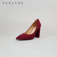 sanlume autumn suede chunky pumps women sexy office shoes woman high heels career genuine leather slip on pointed toe block heel