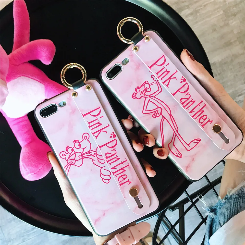 Fashion Pink Panther Ring Phone Case For iPhone X XS MAX XR 6s 7 8 Plus Girl Cute Naughty Leopard Wrist Strap Handbag |