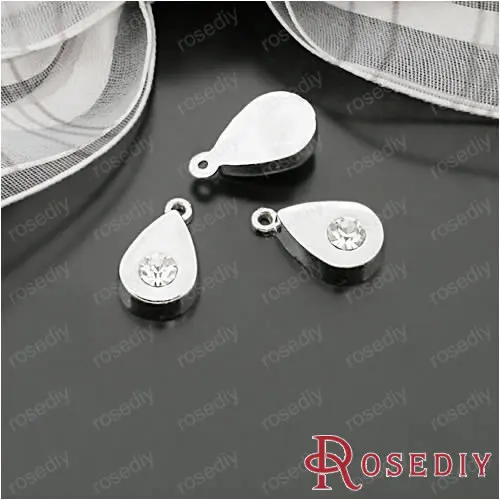 Wholesale 11*8mm Chrome Plated Waterdrop Alloy Rhinestone Flat Charms Pendants Diy Findings 10 pieces(JM4439)