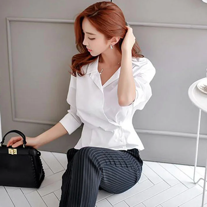 YaLiShi women 2 Pieces Sets 2020 New Summer Office Batwing Sleeve White Shirts Tops and Striped Long pants Top Trousers Set |
