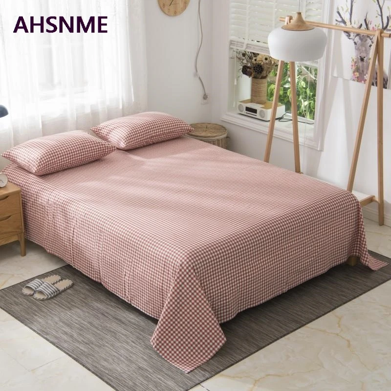 

AHSNME 100% Cotton sheets Special Wrinkle Craft Super Soft Pink white plaid Cool Summer Simple Flat sheets 240x250/245x270cm