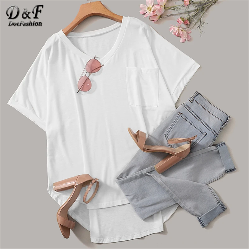 Dotfashion, женская футболка размера плюс, белая, с разрезом, с карманом, лето, v-образный вырез, короткий рукав, повседневные топы, Весенняя мода, Однотонная футболка