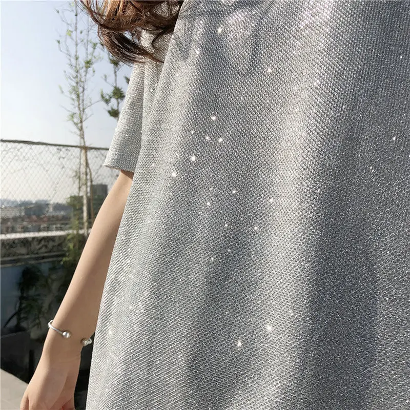 

Summer Loose T shirt Women Tops Harajuku Pink Long Tshirt Women Clothing Shiny Tee Shirt Black Plus Size Korean Fashion 2020