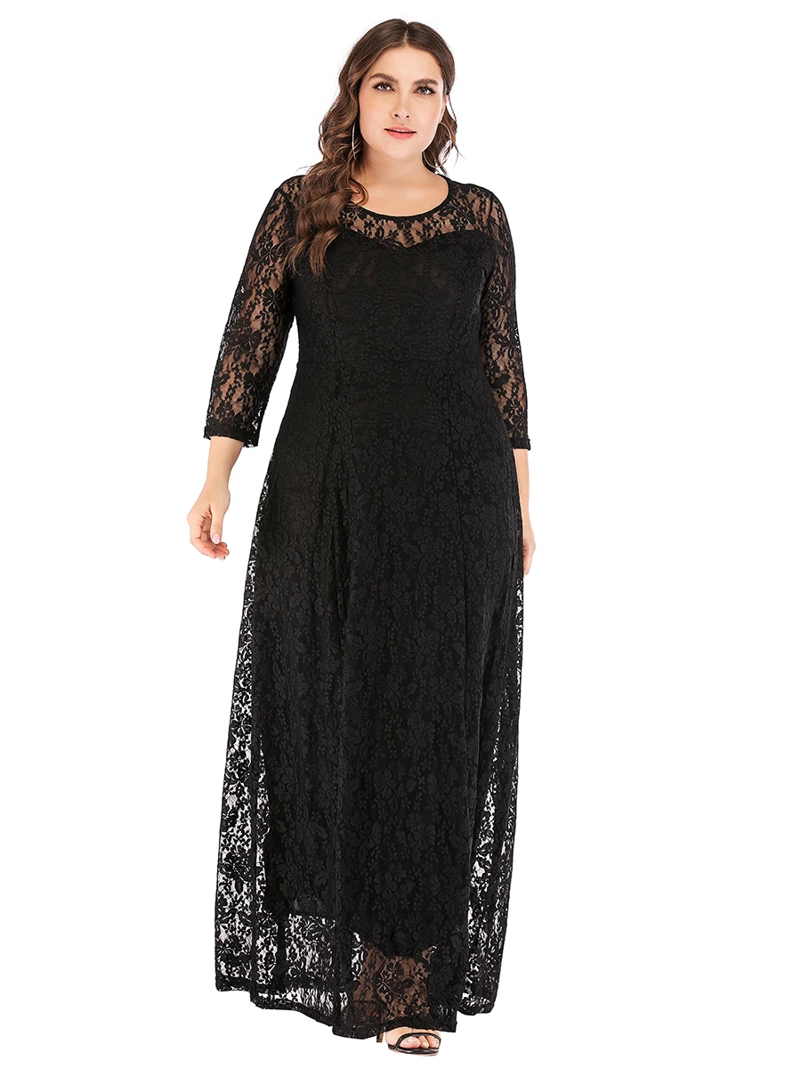 luxury wedding party dresses Women Ladies 4xl 5xl 6xl Plus Size 3/4 Sleeve Lace floral hollow out Long Dress solid color Dresses