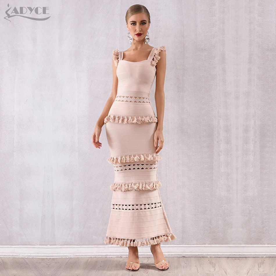 Adyce 2021 New Summer Women Maxi Hollow Out Bandage Dress Sexy Sleeveless Tassel Club Fringe Celebrity Evening Party | Женская одежда