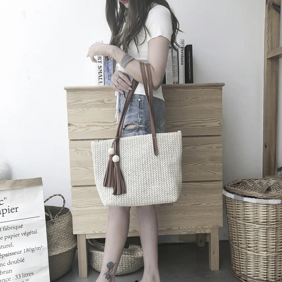 Женская Пляжная Сумка Bolso Mujer большая соломенная сумка на плечо с кисточками
