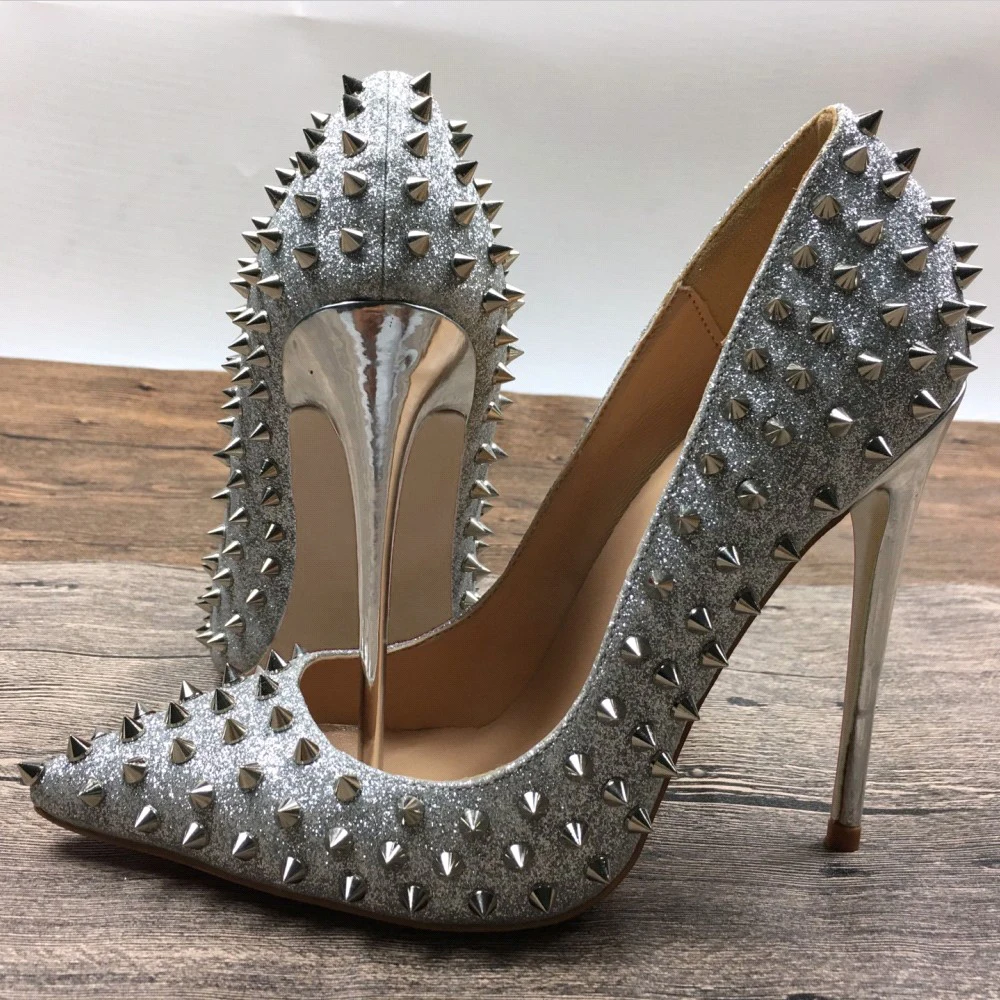 

Silver rivets high heels patent exclusive brand needle rivet shallow mouth high heels pump wave 10 cm 12 cm