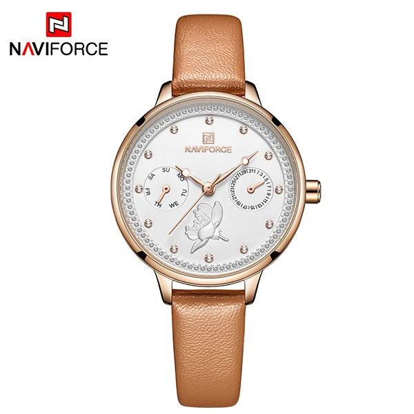Naviforce, новые женские часы, кожаный браслет со стразами, наручные часы, женские модные часы, женские аналоговые кварцевые часы, подарки - Цвет: lightbrown