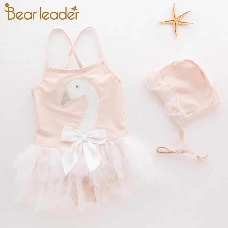 Bear Leader/купальный костюм для девочек, детская одежда для купания, Сетчатое платье с лебедем и шапочка для плавания, купальный костюм для девочек, летнее платье для детей 2-6 лет