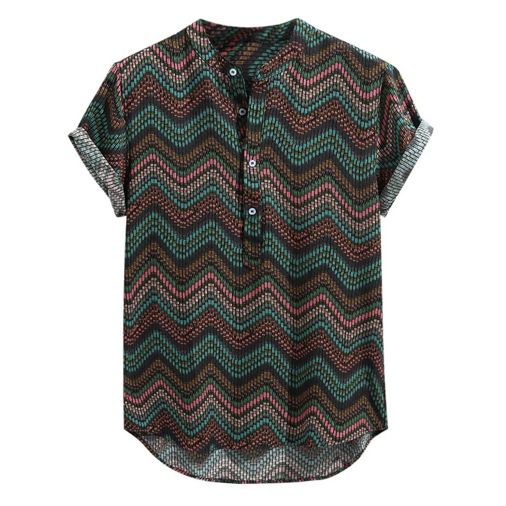 Бежевый Men's Clothing Vintage Ethnic Printed Turn Down Collar Short Printed Fashion Stand Collar Short Sleeve Loose Shirts Blouse - Цвет: Бежевый