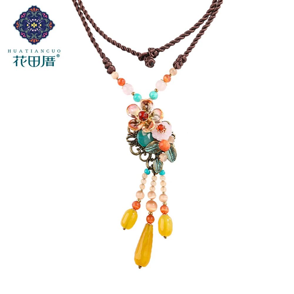 

Ethnic Tassel Handmade Woman Pendant Necklace Rope Chain Yellow Stone Imitation Opal Colored Glass Petal Pulm Flower CL-18083