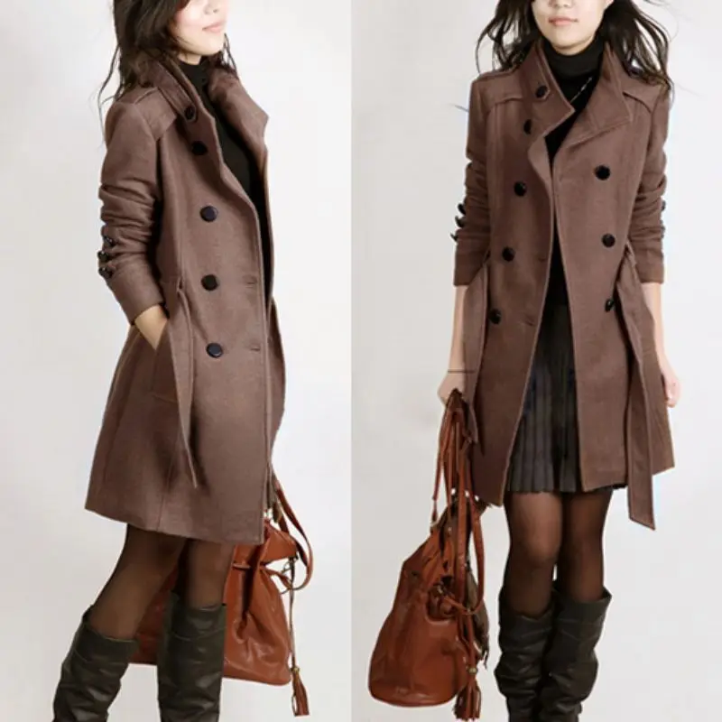 

Nice Korean Women Winter Slim Double Breasted Coats Trench Woolen Warm Coat Overcoat Women Long Oversize Outerwear 7444