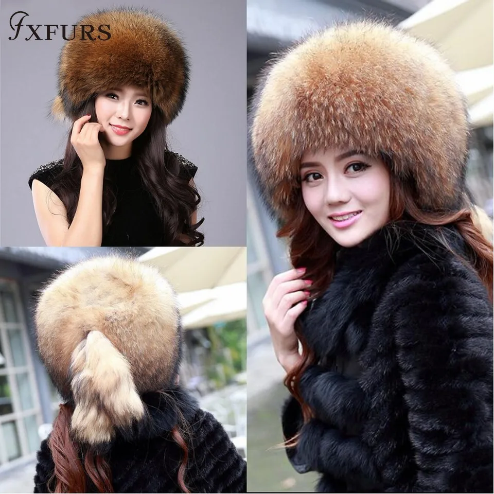 FXFURS женская зимняя меховая шапка с натуральным мехом лисы/енота, шапка с меховыми хвостами, новая модная русская Ушная Защитная женская брендовая шапка