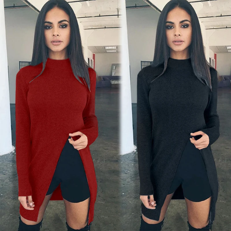 Minimalis Sweater Women Long Sleeve Top Knitted Sweaters Pullovers High Split Hem Casual Knitwear Solid Women'S Clothing LJ5765R | Женская