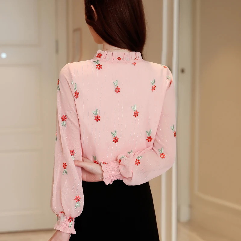 sweet floral embroidery chiffon blouse shirt fashion woman blouses 2019 long sleeve solid white pink top femlae blusa 0967 40 |