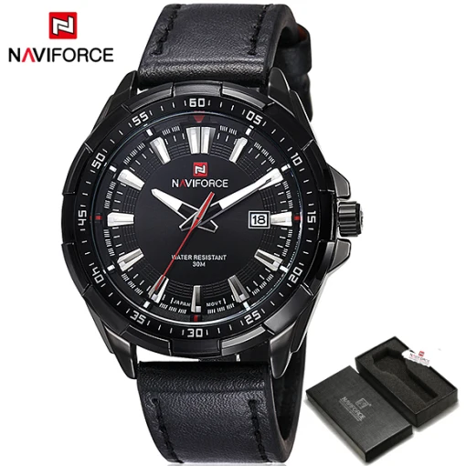 Black Black Лидирующий бренд NAVIFORCE мужские модные повседневные спортивные часы мужские Водонепроницаемые кожаные кварцевые часы мужские военные часы Relogio Masculino - Цвет: Black Black
