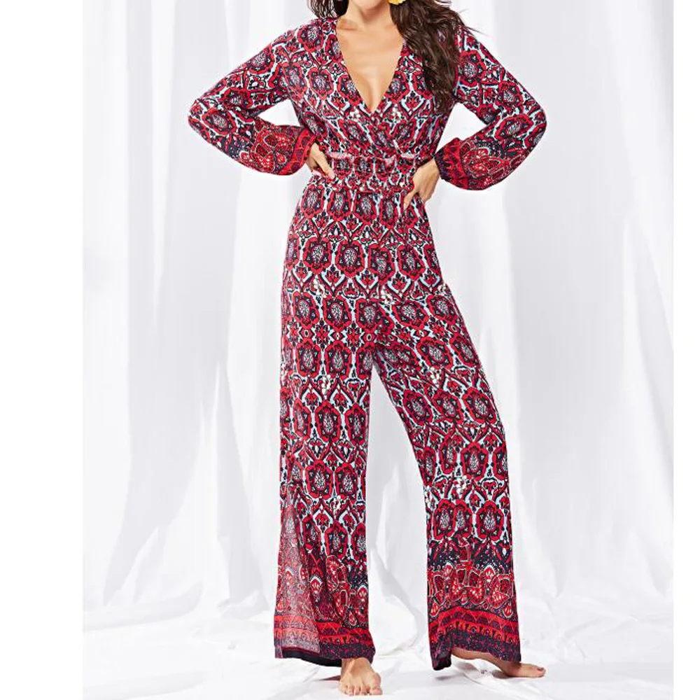 

Boho Floral Print Jumpsuits Women Overalls Rompers Casual Long Sleeve Deep V Neck Wide Leg Pants Beach Summer Loose Jumpsuit