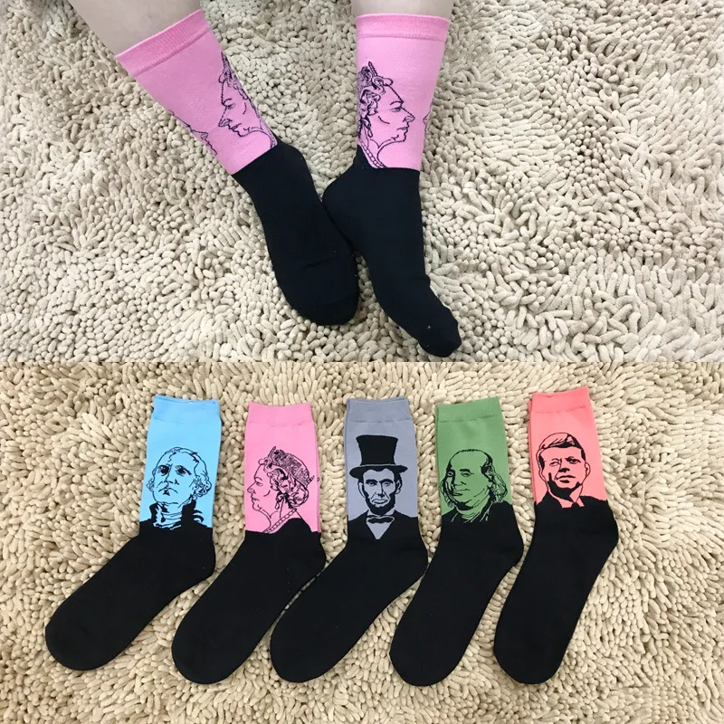 

New Men Crew Cotton Art Printed Socks of Famous celebrity portrait Pattern Harajuku Design Sox Calcetine Novelty Funny dress