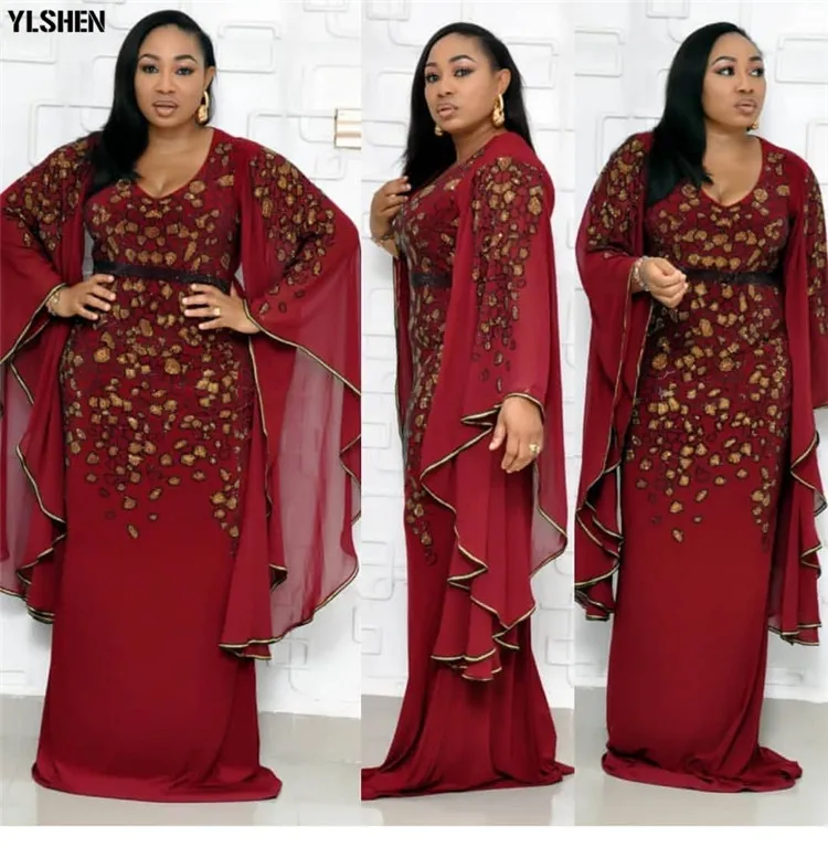 African Dresses for Women Dashiki Clothes Bazin Broder Sexy Slim Ruffle Sleeve Gold Sequin Embroidery Africa Skirt Dress | Тематическая