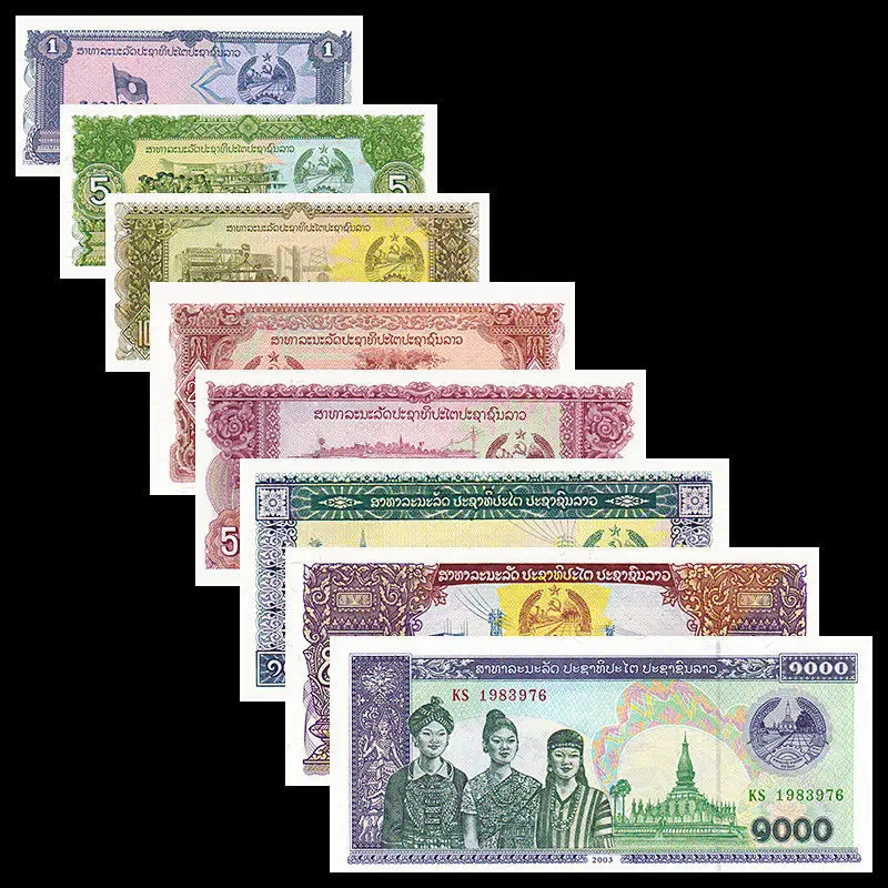 Laos набор 8 шт 1 5 10 20 50 100 500 1000 Кип UNC коллекция Азиатский подлинный