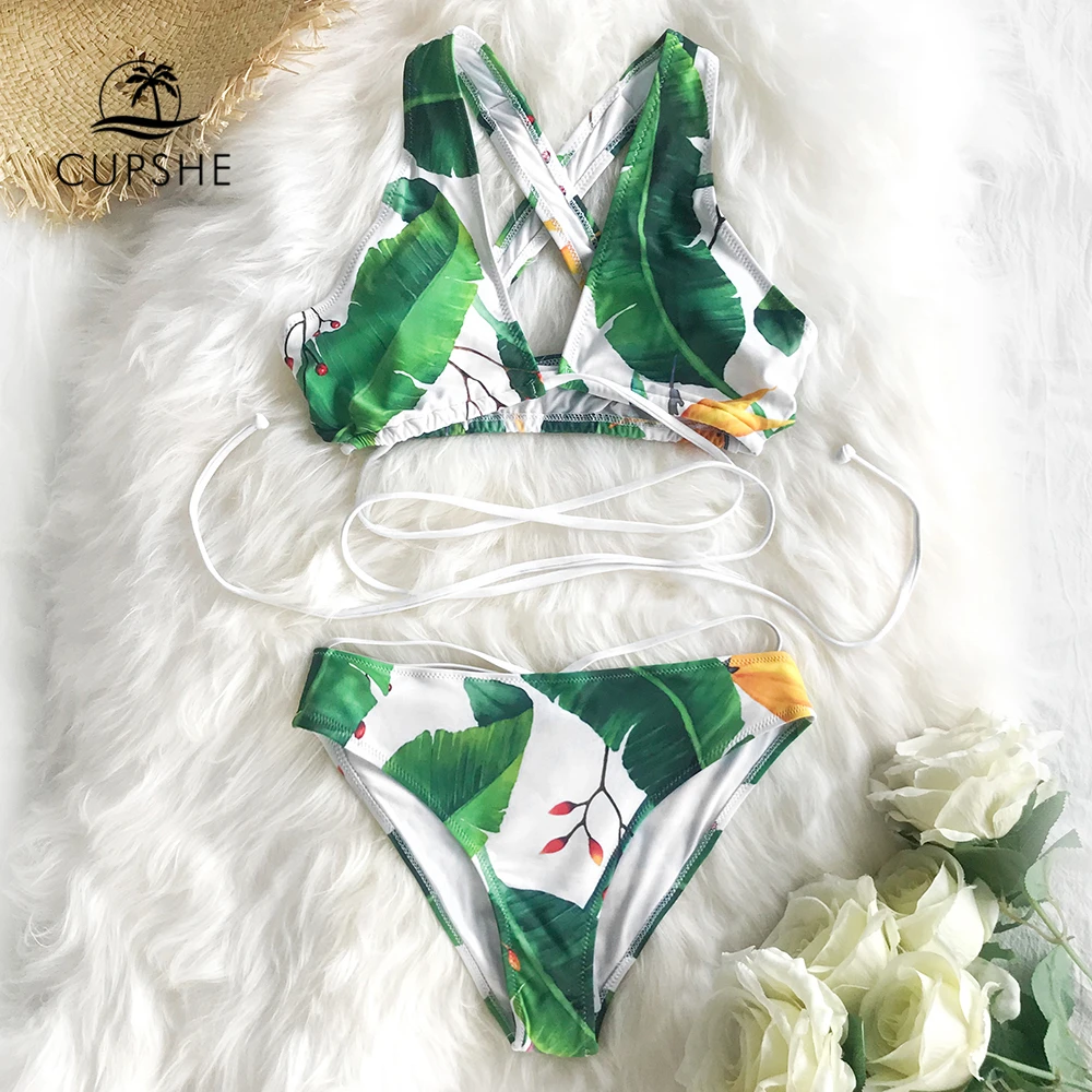 CUPSHE зеленый и цветочный на шнуровке комплект бикини бретельках для женщин Scalloped