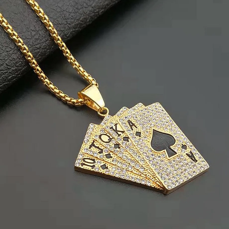 Ювелирное изделие для мужчин - Подвеска Hiphop Iced Out Playing Card Straight Flush с цепочкой из нержавеющей стали, золотого цвета. Отправка без промежуточного перепродавца.
