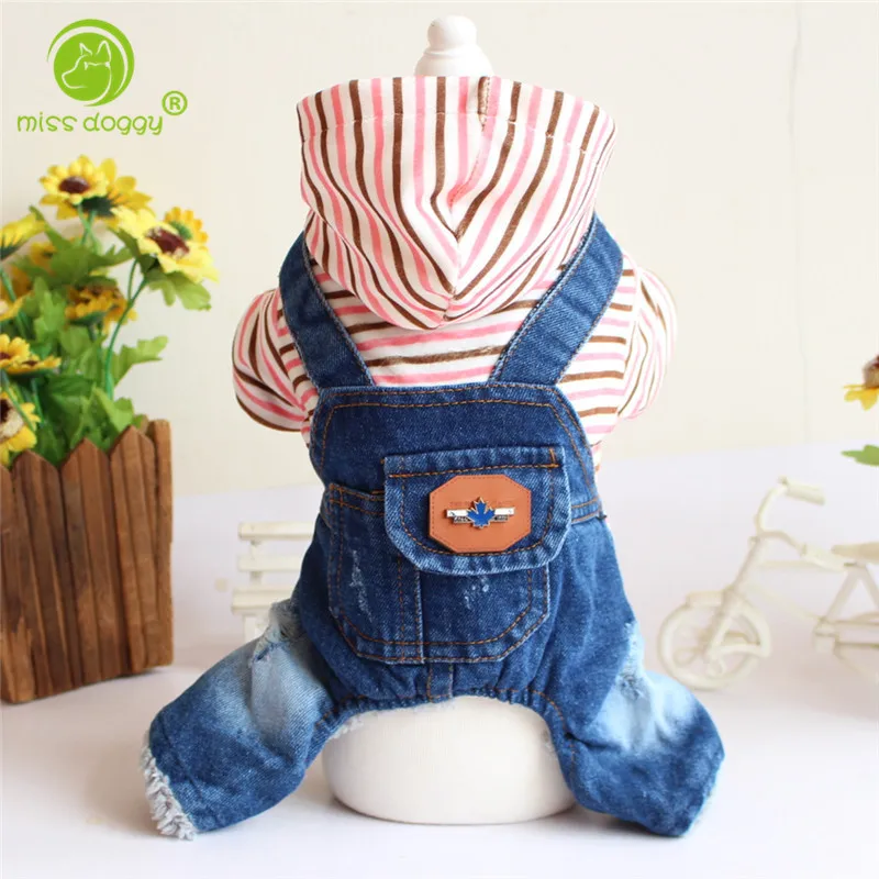 Buy New Design Fashion Striped Denim Four Leg Overalls for Dogs Winter Windproof Cold Protection Pet Dog Jumpsuit Yorkshire 10E on