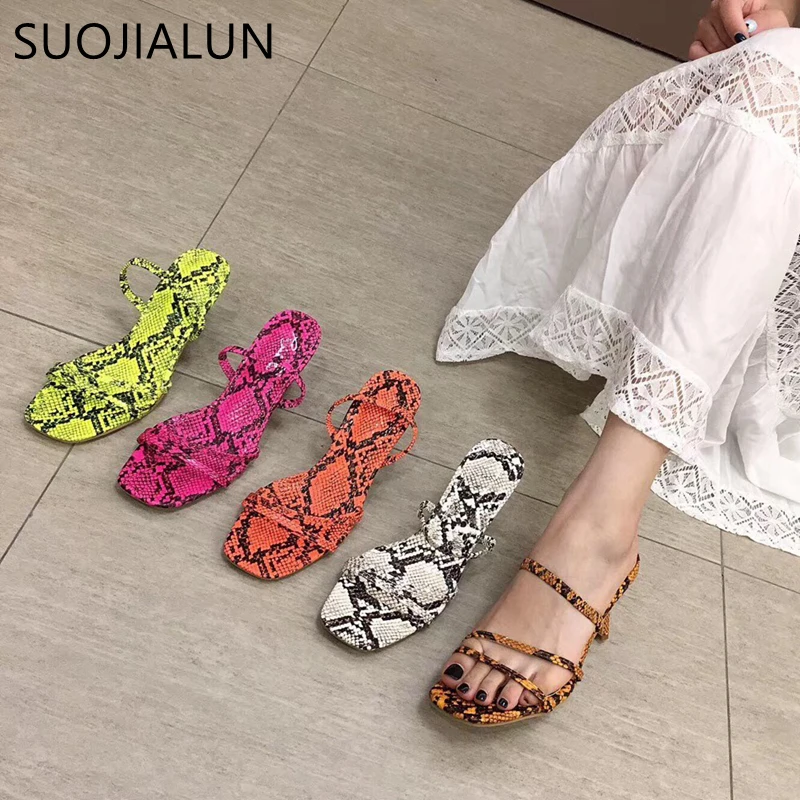 

SUOJIALUN 2019 New Brand Women Sandal Fashion Snake Print Women Sandals Thin High Heels Open Toe Outdoor Slides Pumps