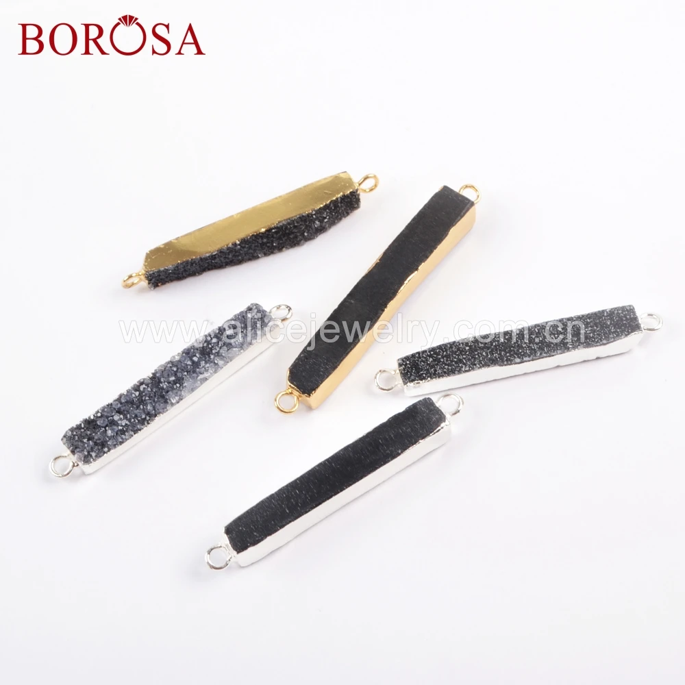 

BOROSA 5PCS New Gold/Silver Color Rectangle Black Agates Druzy Connector Drusy Double Charms for Bracelet Jewelry G1693 S1693