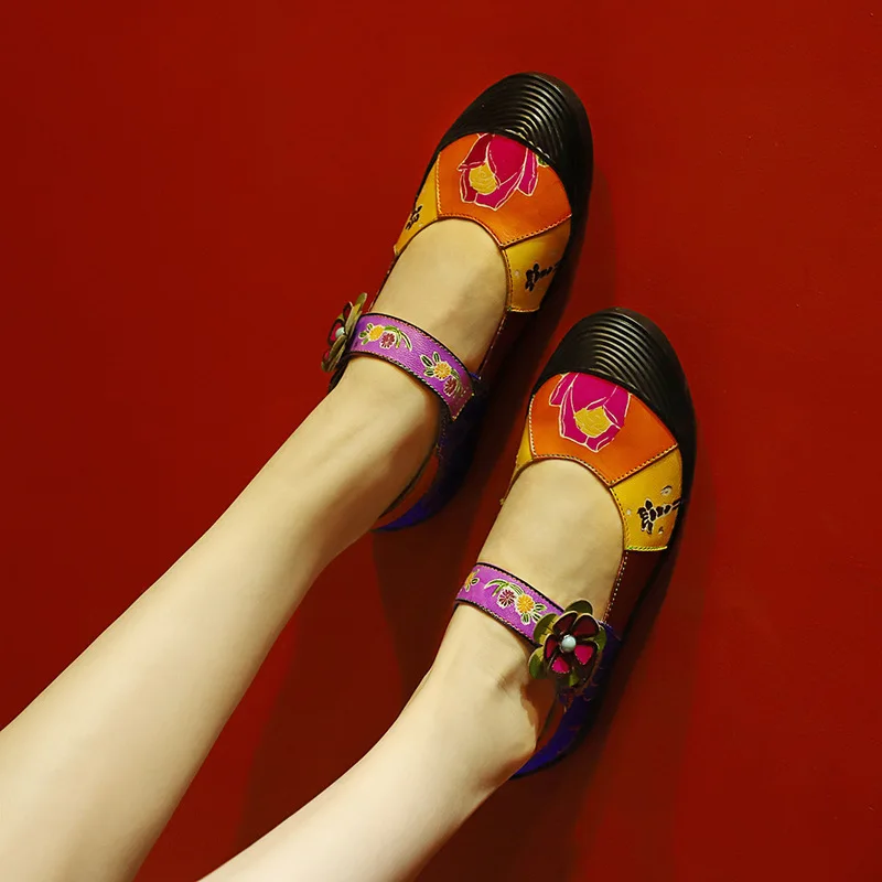 Vintage Sandals Flowers Pattern Splicing Genuine Leather Stitching Hook Loop Slip On Elegant Shoes Women 2019 | Обувь