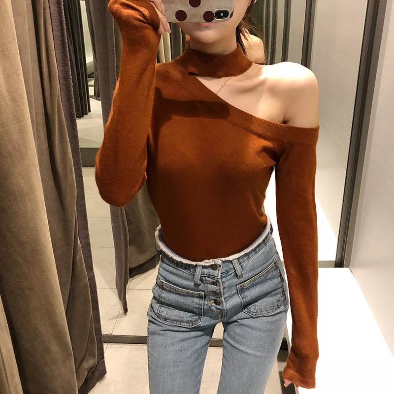 

2020 Women Sweaters And Pullovers Poncho Full Autumn New Women's Sweater Sleeve Slim Halter Thin Knit Clavicle Top One Shoulder