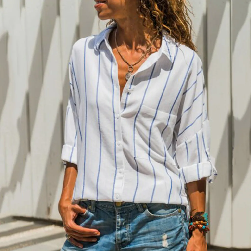Женская офисная блузка в полоску белая рубашка с отложным воротником и длинным