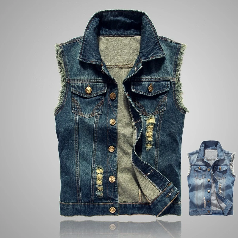 

b Spring Autumn Denim Vest Mens Jackets Sleeveless black Outerwear mens denim Coats jackets Tank Top Cowboy Man Ripped vest