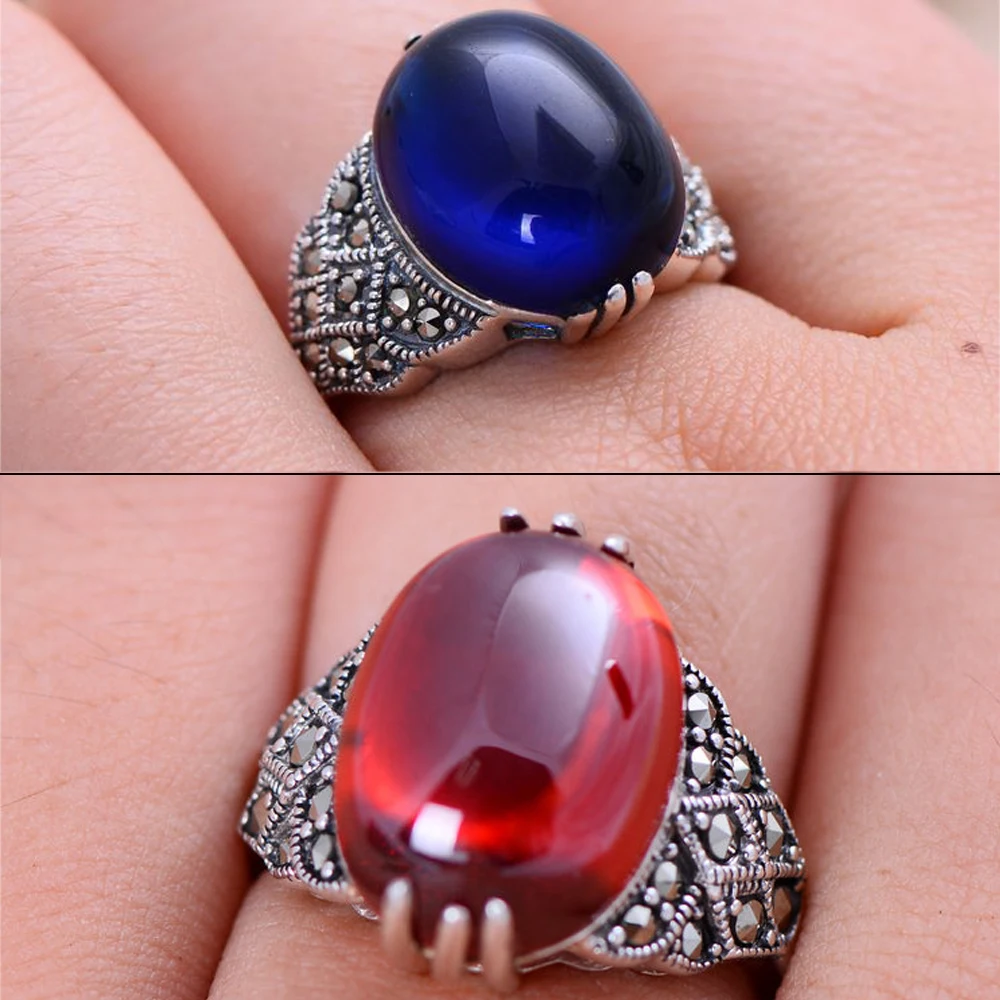 

MetJakt Natural Oval Garnet/Corundum with Zircon Rings Solid 925 Sterling Silver Ring for Women Party Wedding Vintage Jewelry