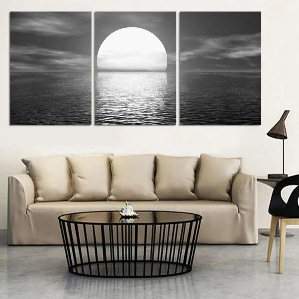 Full Moon On Sea Nightscape современные настенные картинки черно-белое украшение с видом на