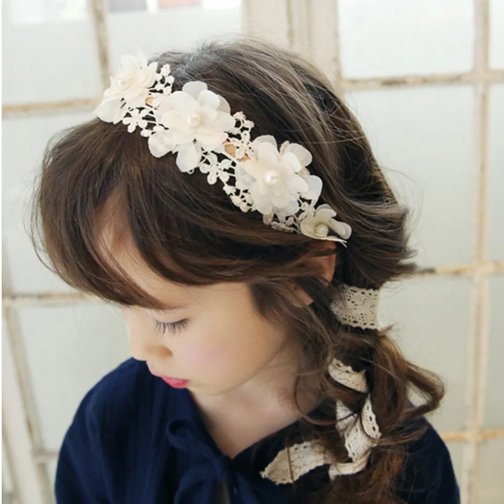 Women New Sweet Retro Hair Band girl Headband Lace Crochet Flower Imitation pearls Hairband Ribbon Accessories | Детская одежда и