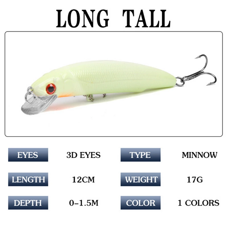 1PCS 17G 12CM Luminous Minnow Fishing Lure Pesca Artificial Hard Bait Treble Hook Depth 0-1.5m Swimbait Tackles | Спорт и