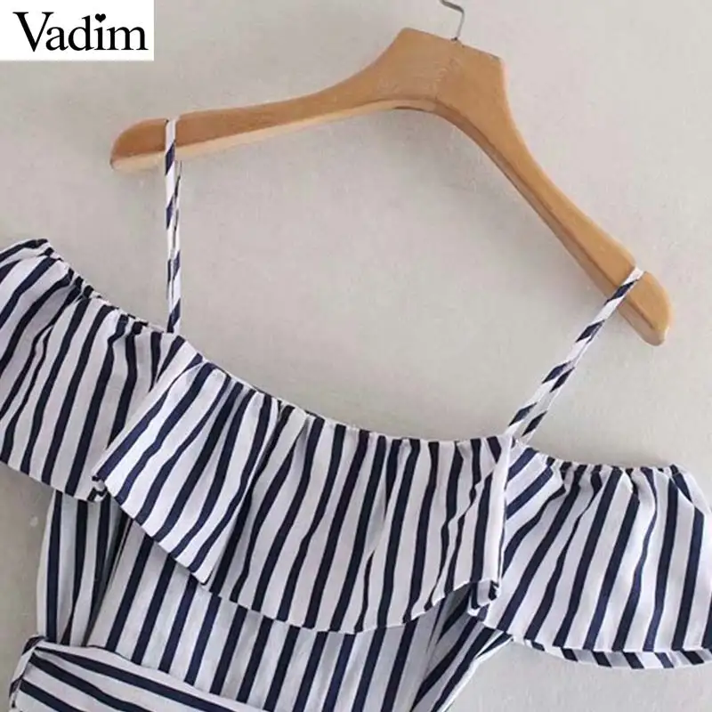 Vadim women striped print slash neck midi dress off shoulder bow tie sashes ruffled single breasted female elegant dresses QC253 | Женская