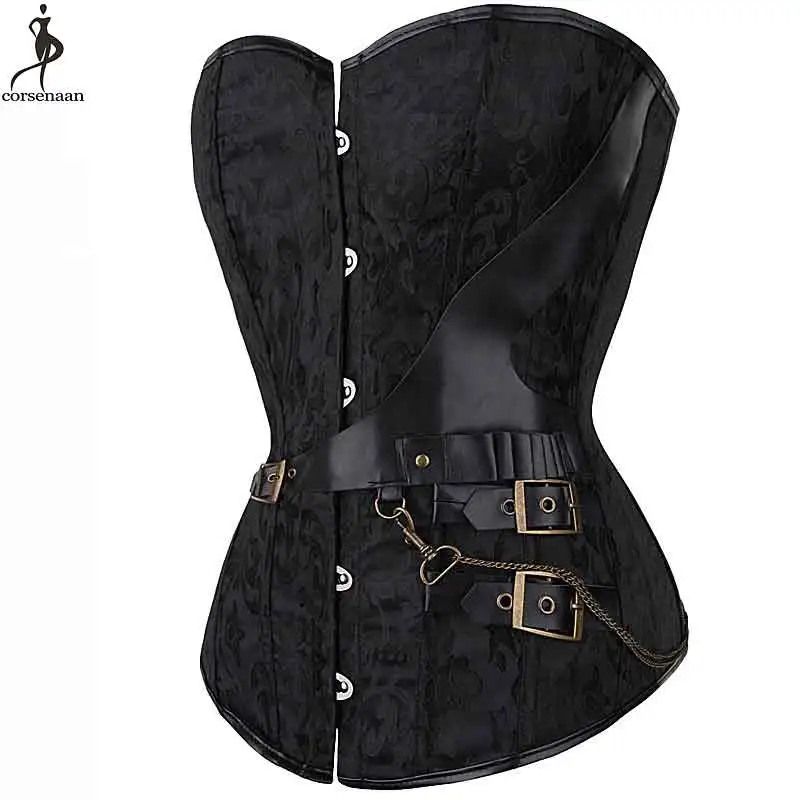 Brown Steampunk Corset Plus Size Outfit Overbust Gothic Korse Elastic Boned Retro Women Bustier Jacquard Floral Korset T-string