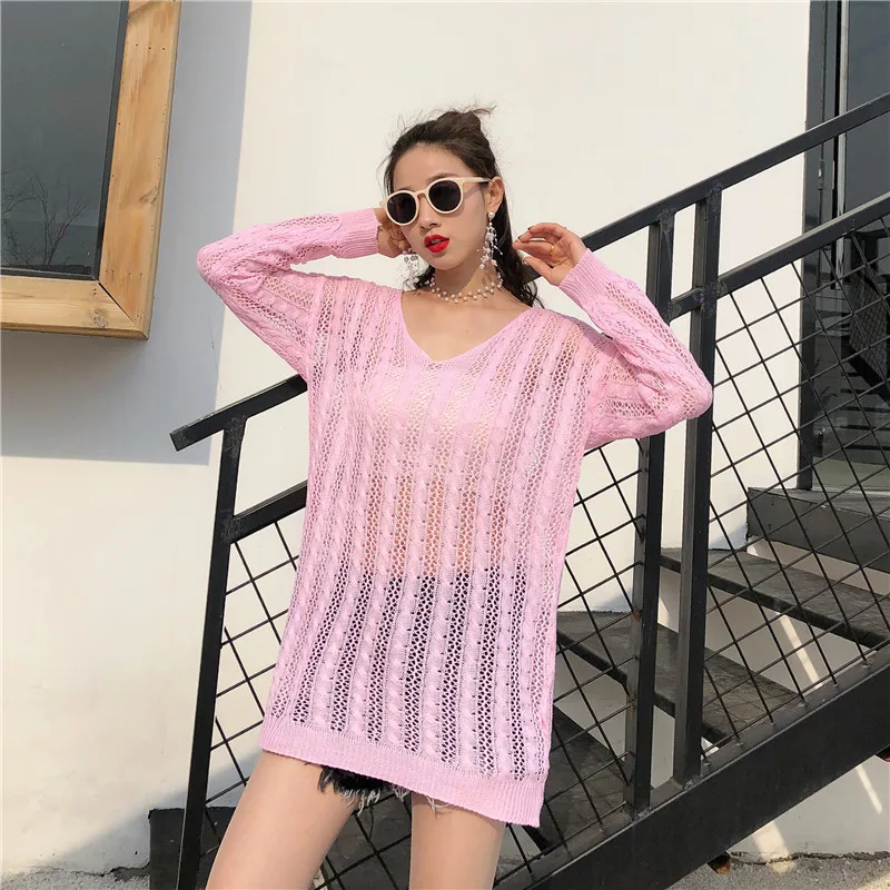 2019 женские сезон весна-лето новый пуловер ажурный рубашка v-образным вырезом