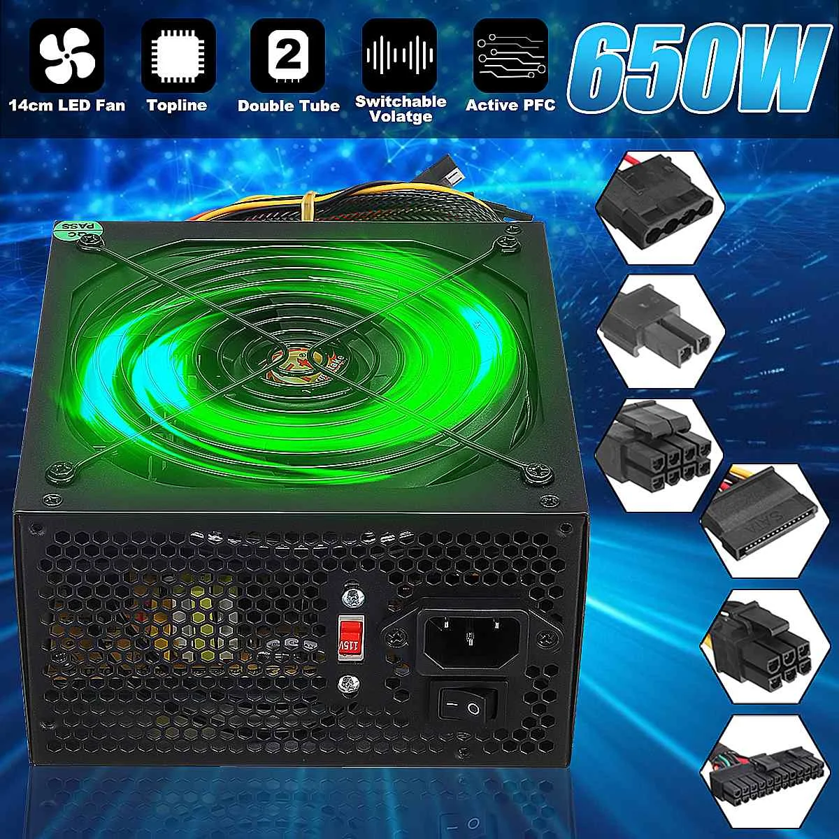 110~ 220V 650W PC источник питания 14 см светодиодный бесшумный вентилятор 24 Pin PCI SATA ATX 12V компьютерный настольный источник питания для компьютера