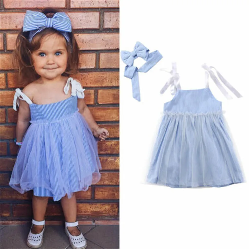 Hot Kids Baby Girls Blue Striped Strap Dress Lace Tulle Princess Summer Mesh Dresses Sundress Outfit Clothes 6M-4Y | Детская одежда и