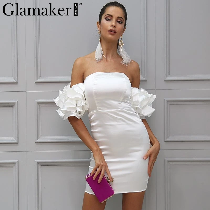 Женское платье с открытыми плечами Glamaker Белое Облегающее оборками элегантное